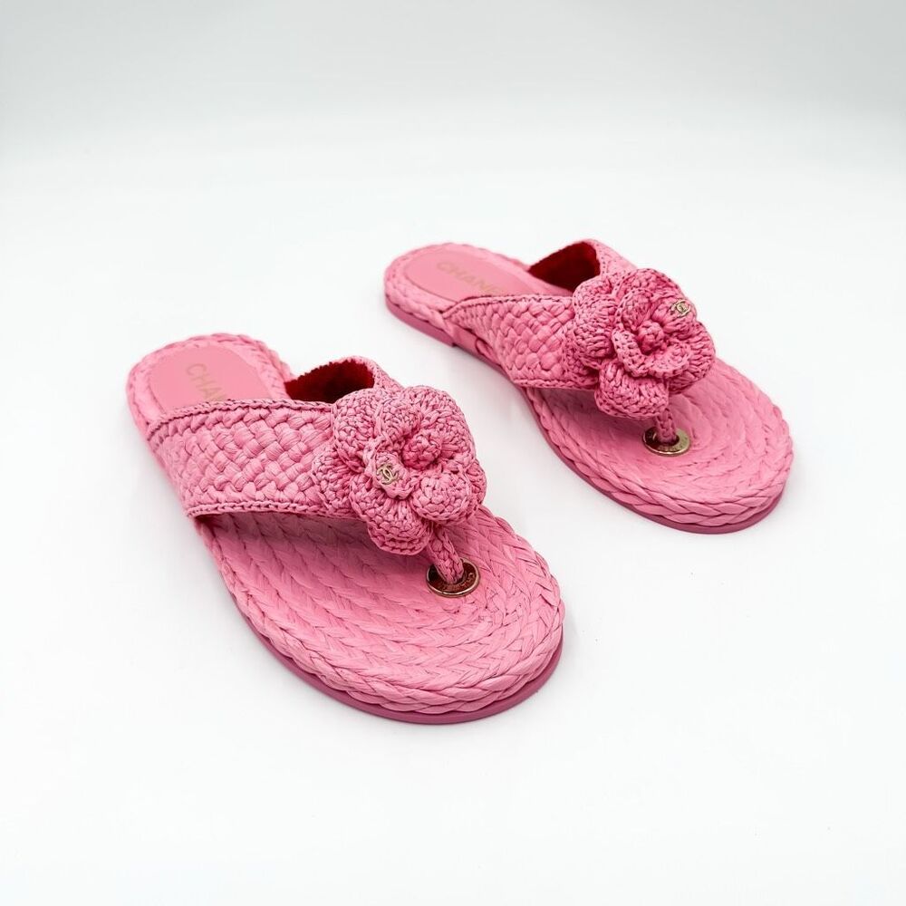 Chanel CC Raffia Camellia Flower Flat Sandals EU 37.5 - Picture 3 of 14